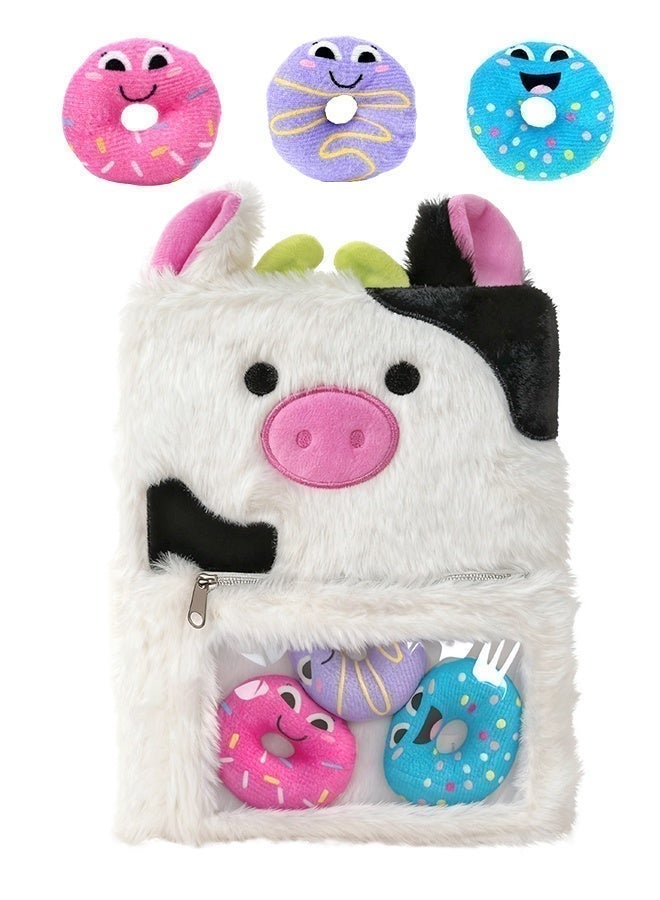 SOOO GOOD Kids Cow Plush Notebook with Fluffy Soft Cover,Cute Black and White Design Journal,Kids Diary with 3 Mini Donut Toys,80 Pages Writing Diary Gift for Girls and Boys - Image 1